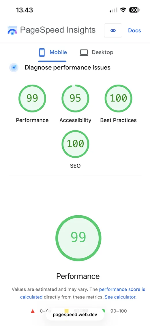 PageSpeed score of 99 after optimization